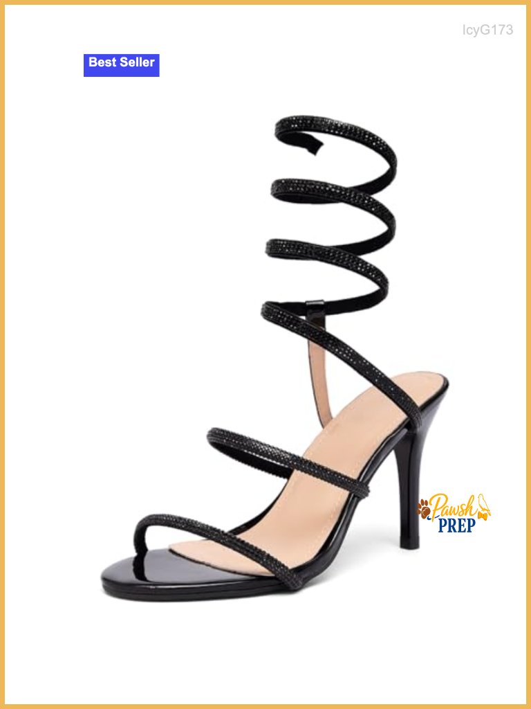 Strappy Stiletto Sandals With Snakeskin Heel Round Open Toe Adjustable Ankle